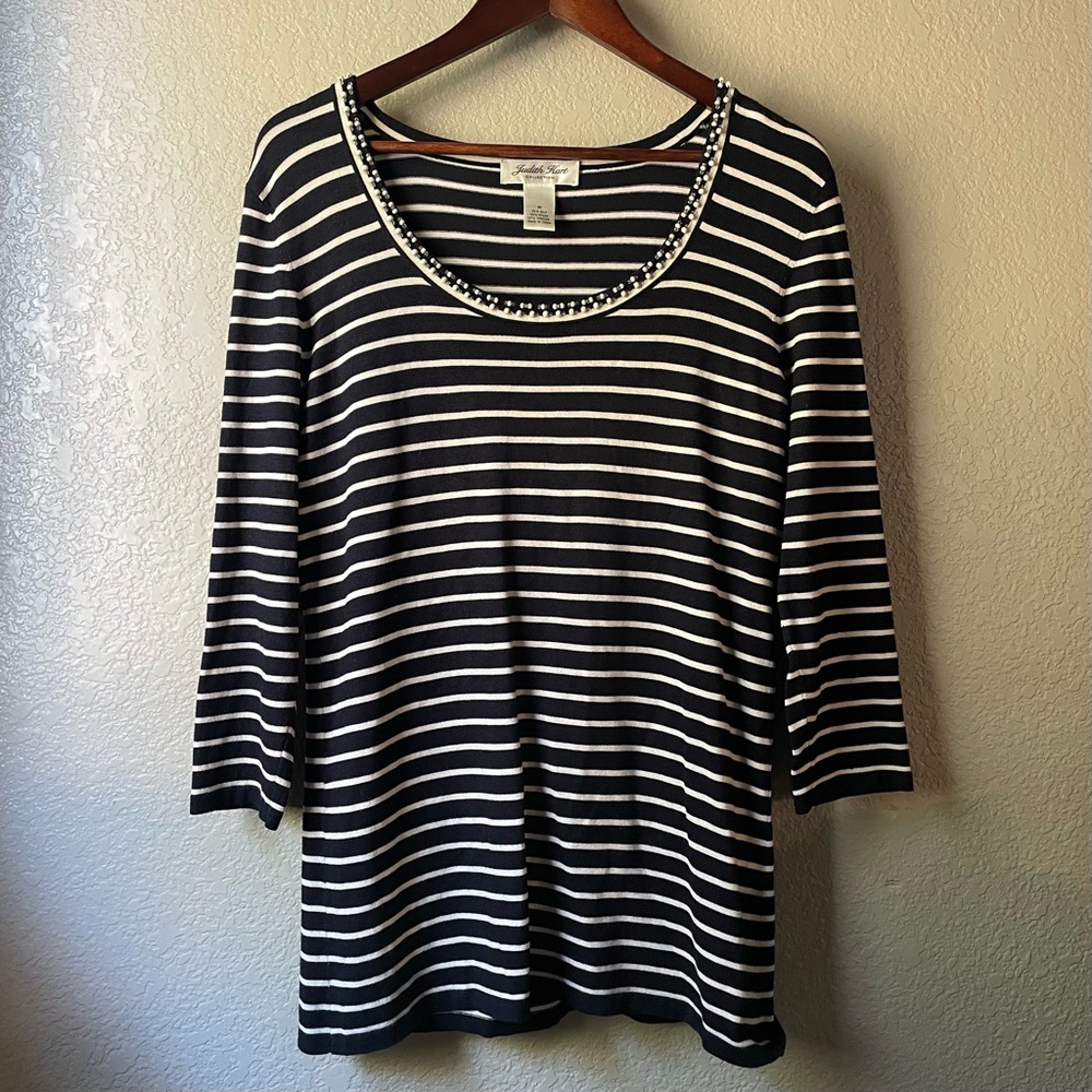Judith Hart Womens Medium Silk Blend Black White Striped Beaded 3/4 Sleeve Top